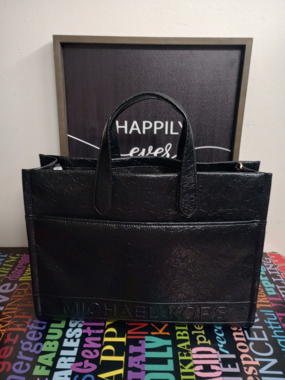 Michael Kors Black Structured Leather Logo Tote!.